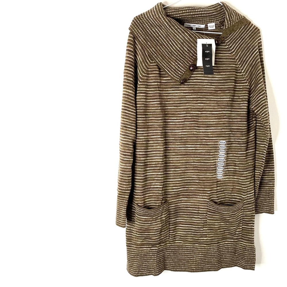 Eight Eight Eight Olive Grey Cream Stripe Fold-over Rib Neck Long Sleeve Dress